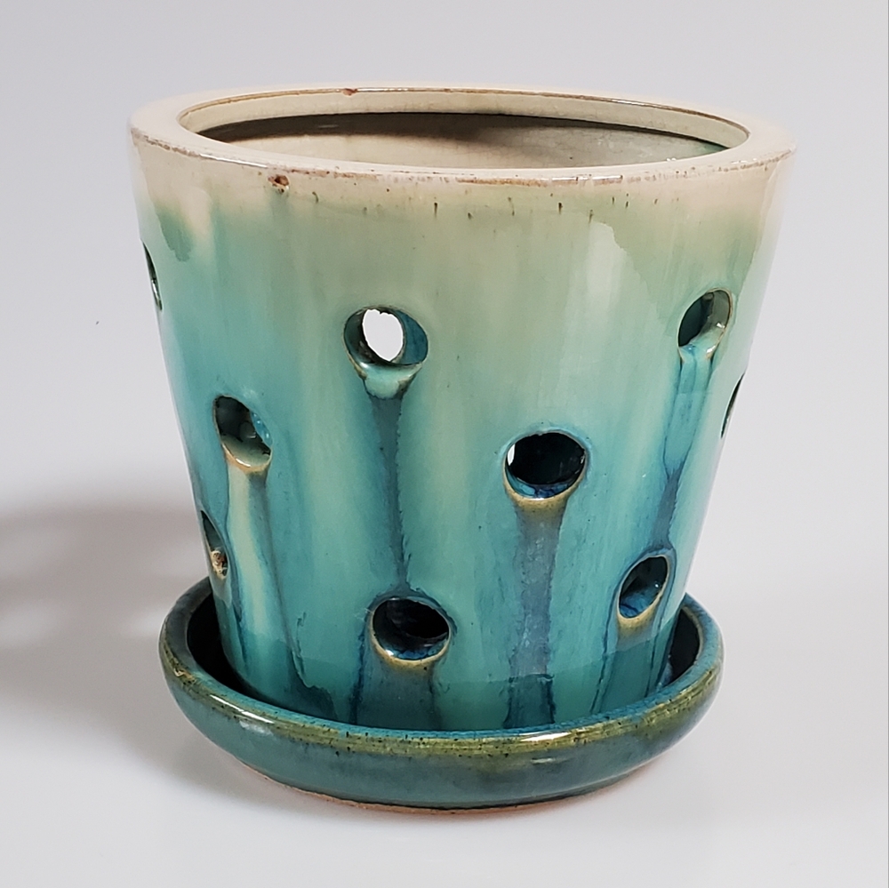 Glazed Ceramic Orchid Pot Planter Turquoise and Blue